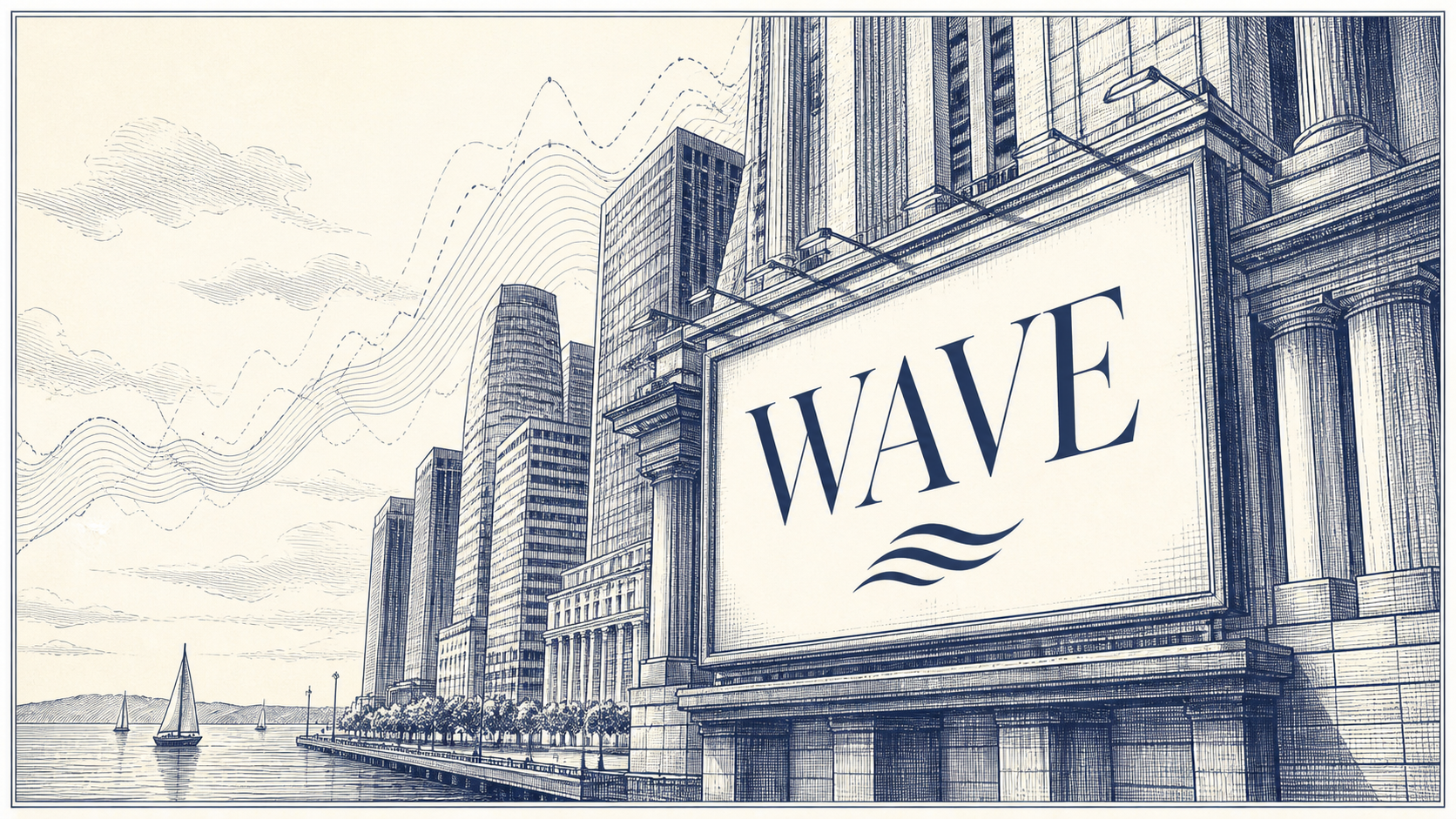 Original navy engraving of the Wave financial waterfront